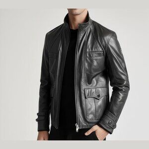 HUGO BOSS Lamb Leather Jacket Size 46R Gray Thermore Insulation Field Utility